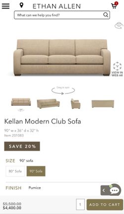 90” Kellan Modern Club Sofa. Ethan  Allen