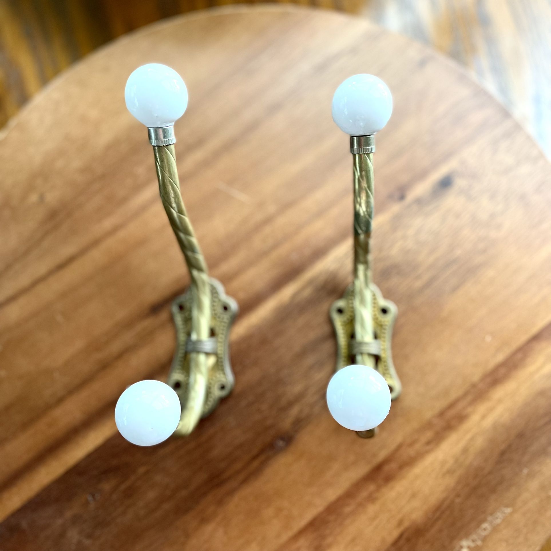 **VINTAGE** Set of 2 Brass Wall Mount Hooks w/ Porcelain Ball Tip - Double Hooks