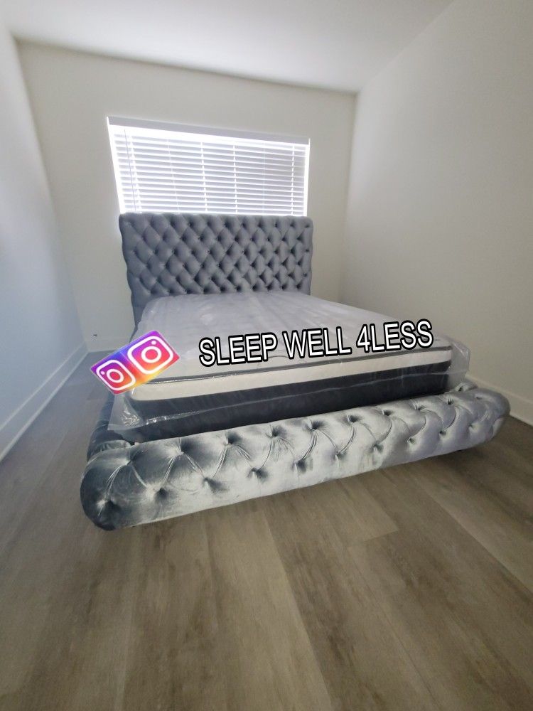 NEW QUEEN BED FRAME AND MATTRESS