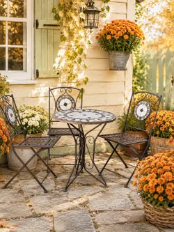 Beautiful All Season Wright Iron & Mosaic Stone and Wrought Iron Bistro Patio or Porch Table With 3 Chairs