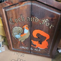 Cock and Fox Grog and Ale Dart Bar Pub Cabinet..Dart Board,  cabinet, eraser, and darts. 