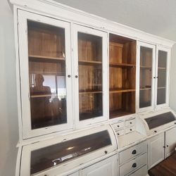French Country Coastal Large Glass Display Curio, China Cabinet 