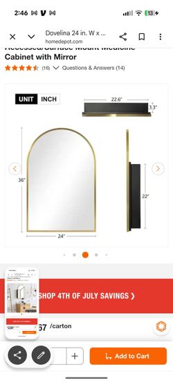 Dovelina 24 in. W x 36 in. New bathroom vanity mirror medicine cabinet arch top in box no damage gold frame