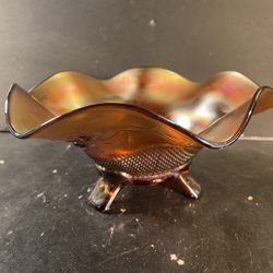 NORTHWOOD Antique Carnival Glass Fine-Cut&Roses Footed Candy Dish (Diameter: 7”)