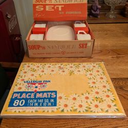 Vintage Mid Century Soup And Sandwich Milk Glass Set And Vintage Paper Daisy Placemats 