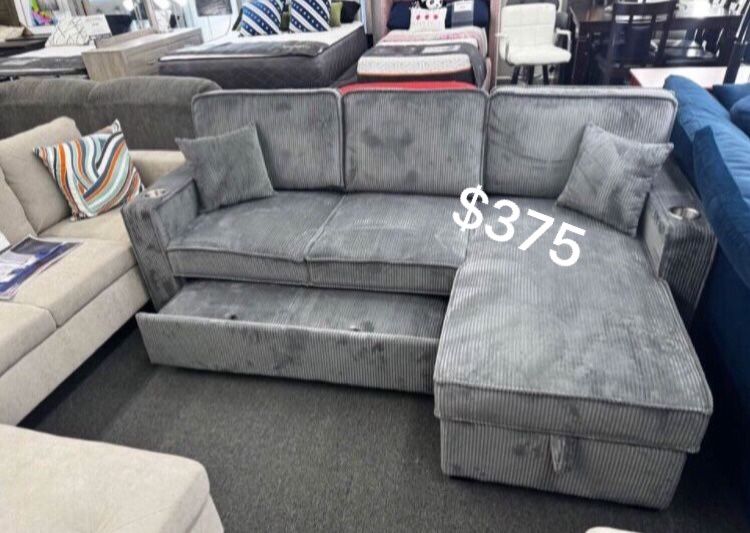 2-pc Sectional Sofa With Pullout Bed & Storage Grey Corduroy Fabric