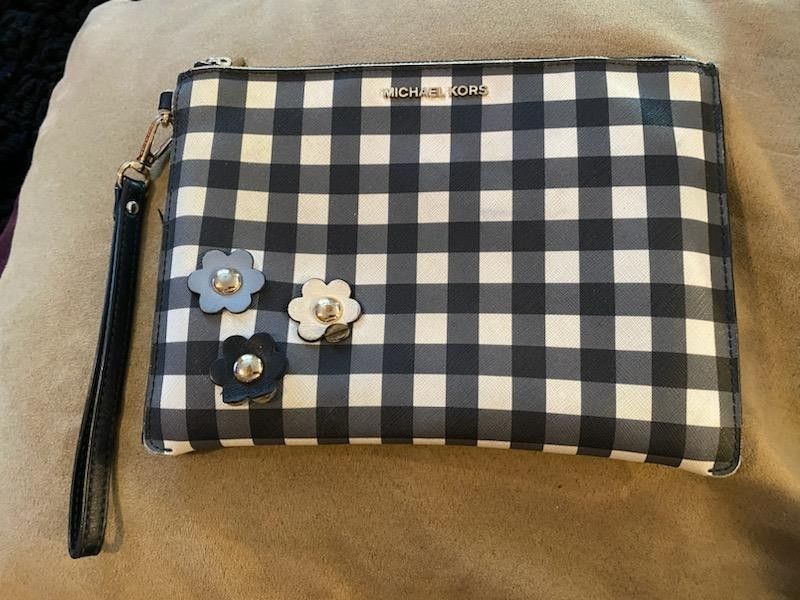 RARE Michael Kors Black and White Checkered Wallet with 3D flowers accents $50