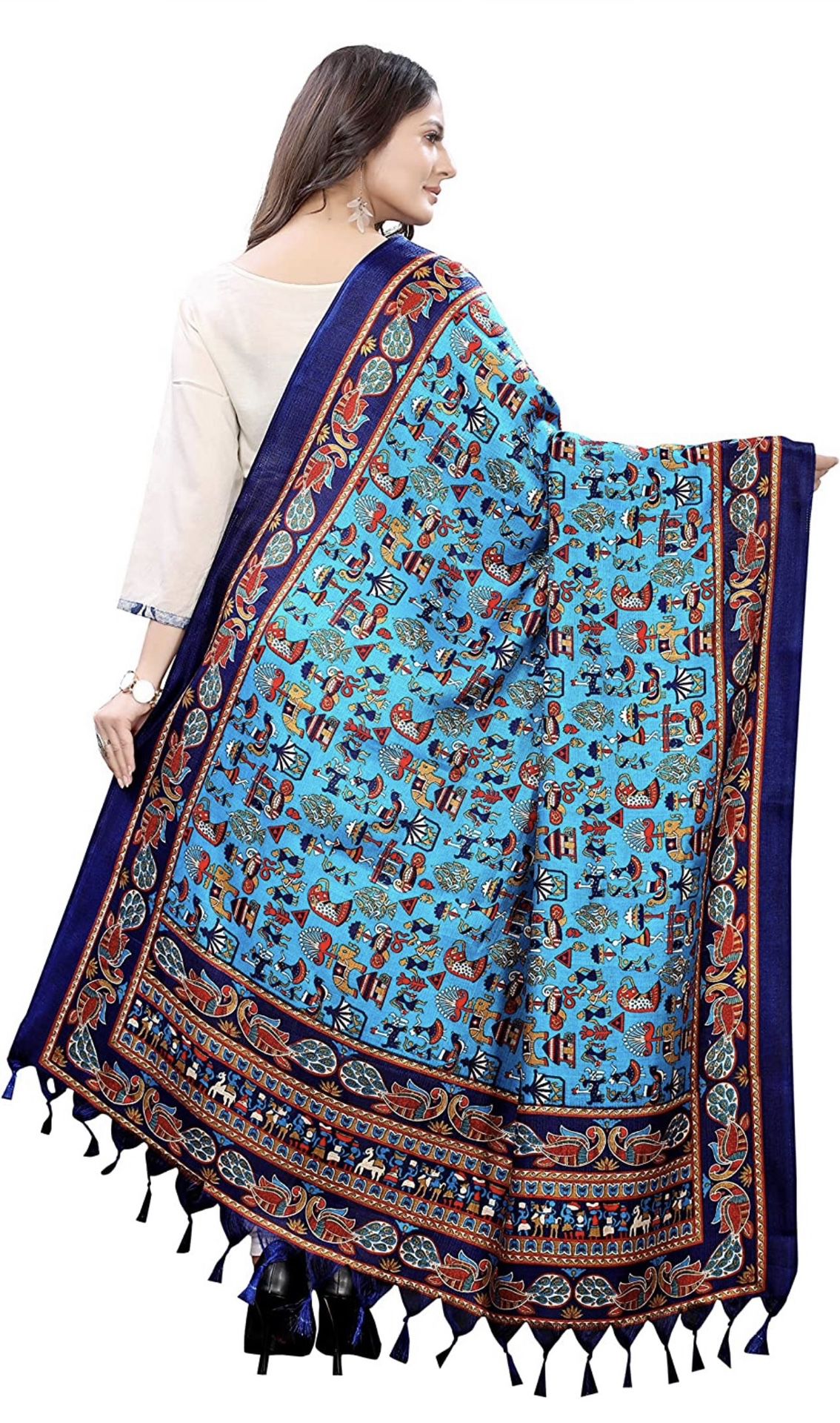 Blue Turquoise Printed India Art Silk Dupatta Wrap Scarf Stole Chunri shawl NEW