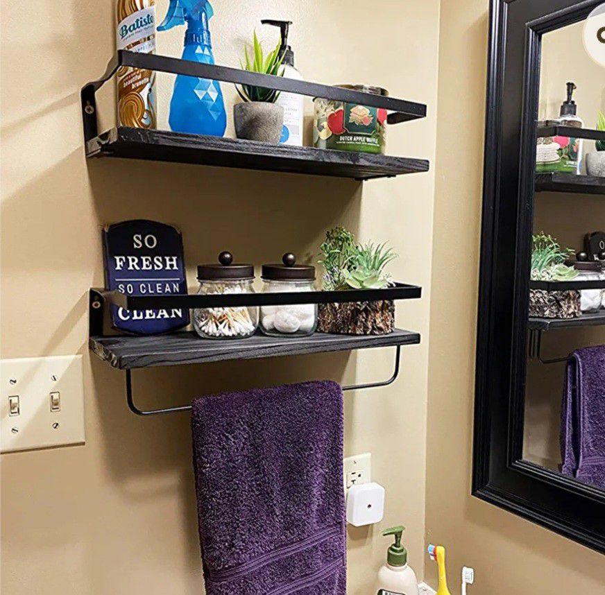 ,Rustic Floating Wall Shelves with Towel Holder Rack