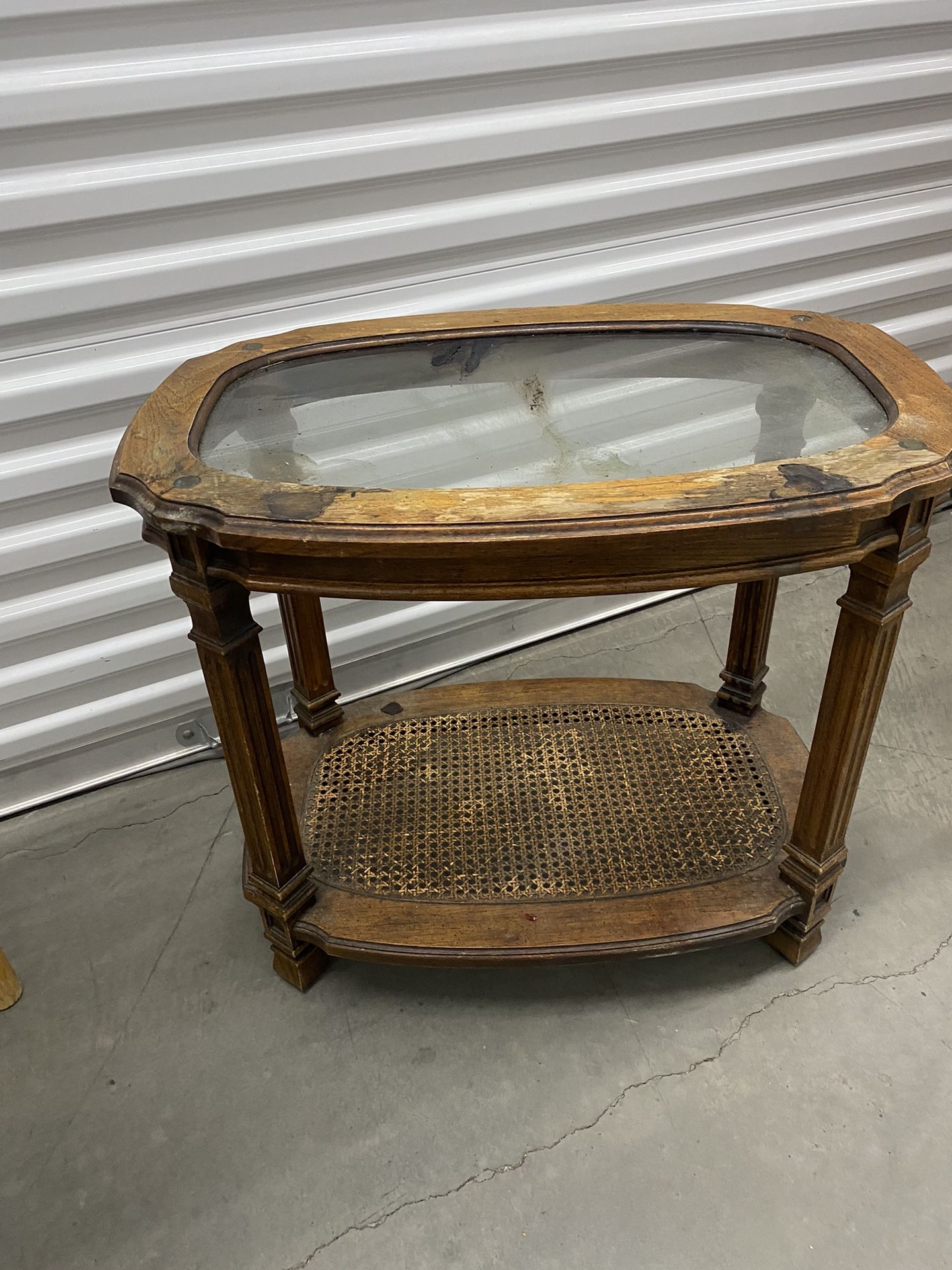 Vintage 2-Tier Oval Glass Wood Woven Cane End Table Mid Century Neoclassical