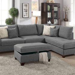 Brand New Grey Sectional Sofa w Storage Ottoman 