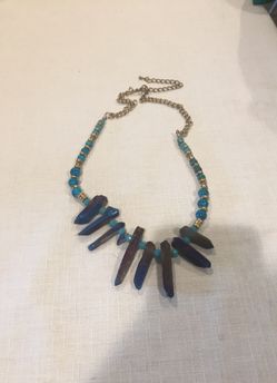Costume jewelry , beaded, gold tone studs , unique crystals sapphire , aquamarine