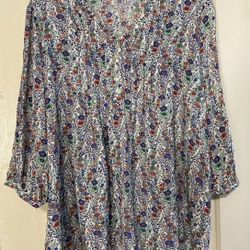 Rose + Olive Women Sz 3X Floral Boho Blouse 3/4 Sleeve Peasant Pintuck Pink Blue