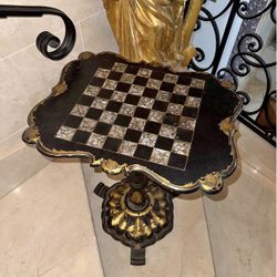 Victorian Antique PAPIER MACHE MOTHER OF PEARL INLAYED TILT TOP Chess Game TABLE