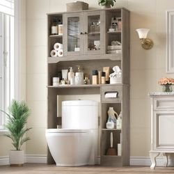 Over The Toilet Storage Cabinet with Toilet Paper Holder Stand, Above Toilet Organizer with Glass Doors, Behind Toilet Shelf for Restroom, Bathroom, L