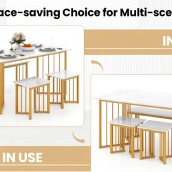 New dining table and chairs set for small space apartment white marble gold metal modern NIB