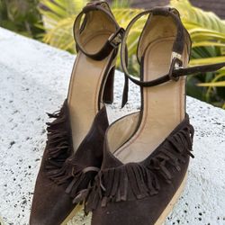 Charles Jourdan Paris Black Suede Tassel Slingback Wood Heels Pumps Sz 7.5