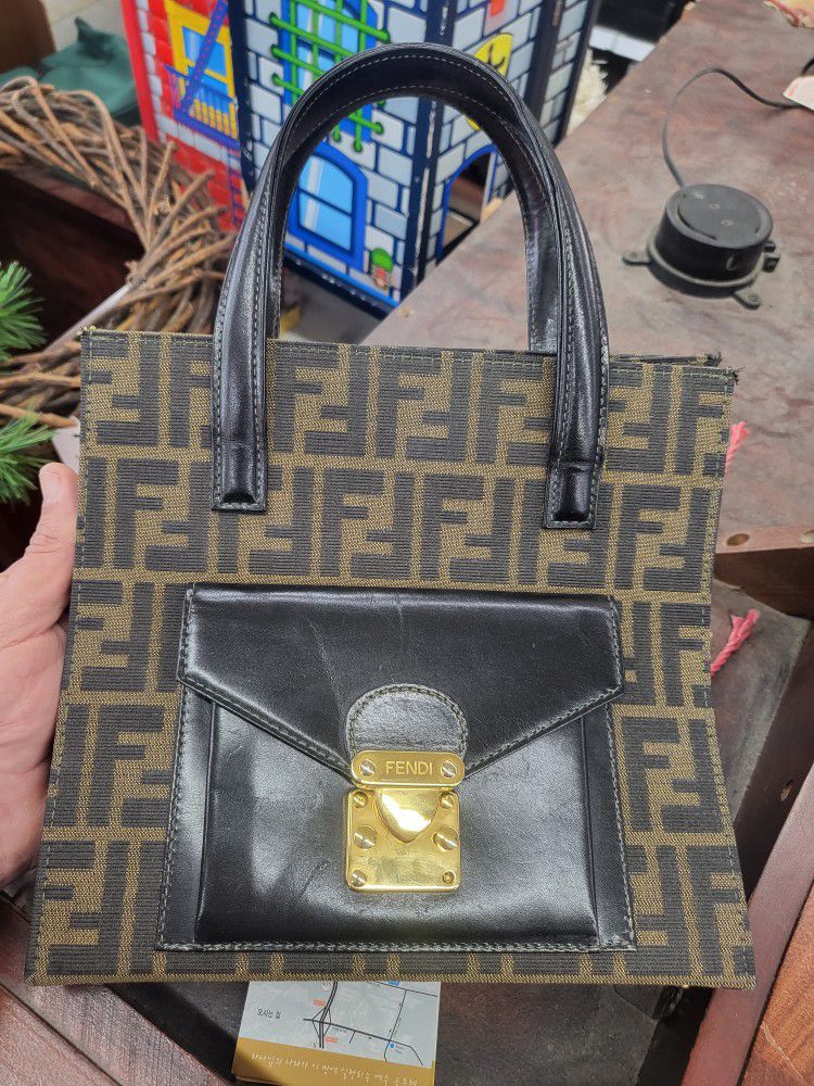 AUTHENTIC FENDI Zucca 2WAY Shoulder Hand Bag Brown/Black Canvas/Leather 0012