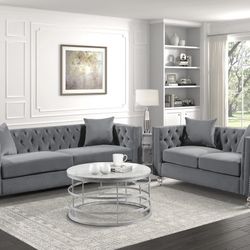 New Gray Velvet Sofa And Loveseat Set 