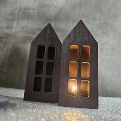 Wooden House LED Light Decor Set of 2