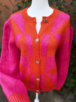 Women’s Pink/Orange Geometric Knit Button Front Cardigan Sweater Crew Neck XXL