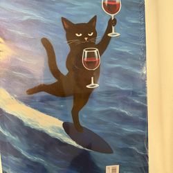 Surfing Cat with Wine Wall Art