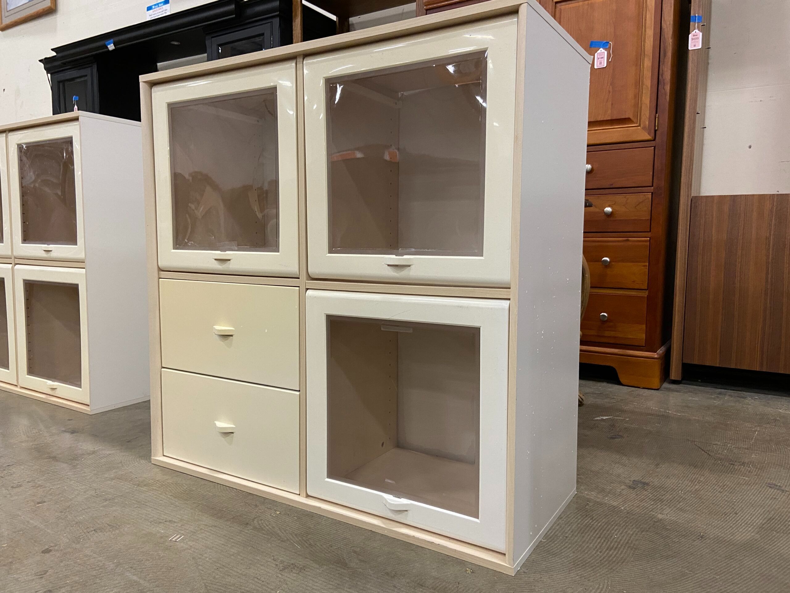 White Cube Organizer Shelf with Plastic Lift Top Doors and 2 Drawers