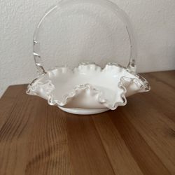 Vintage Fenton Silver Crest Milk Glass Basket Ruffled Edge Clear Glass Handle