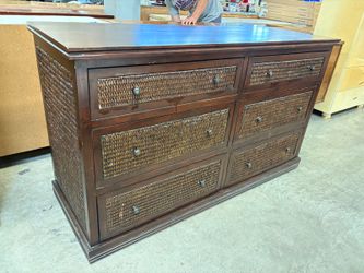 PIER 1 IMPORTS Dark Finished 6 Drawer Dresser with Wicker Panel Sides and Drawer Fronts