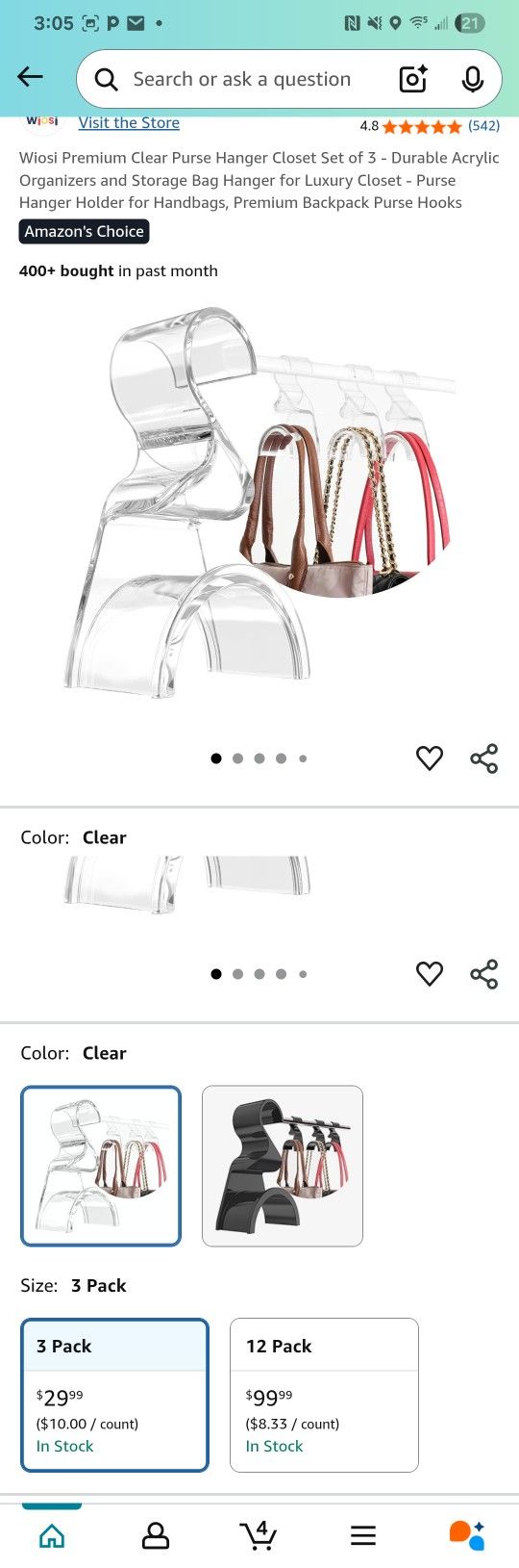 Acrylic Bag Hangers, Pack Of 3