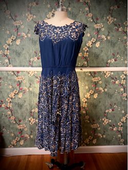 Vintage Sky Blue Boat Neck Dress With Floral Hand Embroider Cut Puts