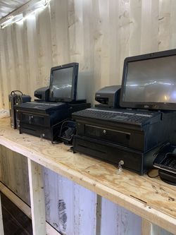 Two brand new cash register’s credit card swiper, ,,barcode,,, readers and security tag wands with keys and power supplies