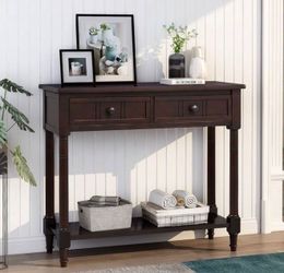 NEW Espresso Wood 2-Drawers Console End Table with Bottom Shelf