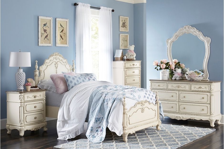 4 PIECE VINTAGE VICTORIAN STYLE ANTIQUE WHITE GRAY RUB THROUGH FINISH-TWIN-SIZE-BEDROOM—SET