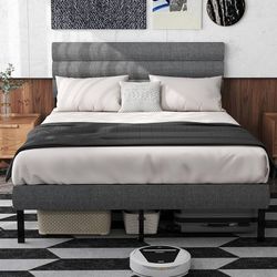Queen Bed Frame with Linen Upholstered Headboard, Metal Platform Bed Frame Queen Size with 14" Underbed Storage, Metal Slats Support, Noise Free, No B