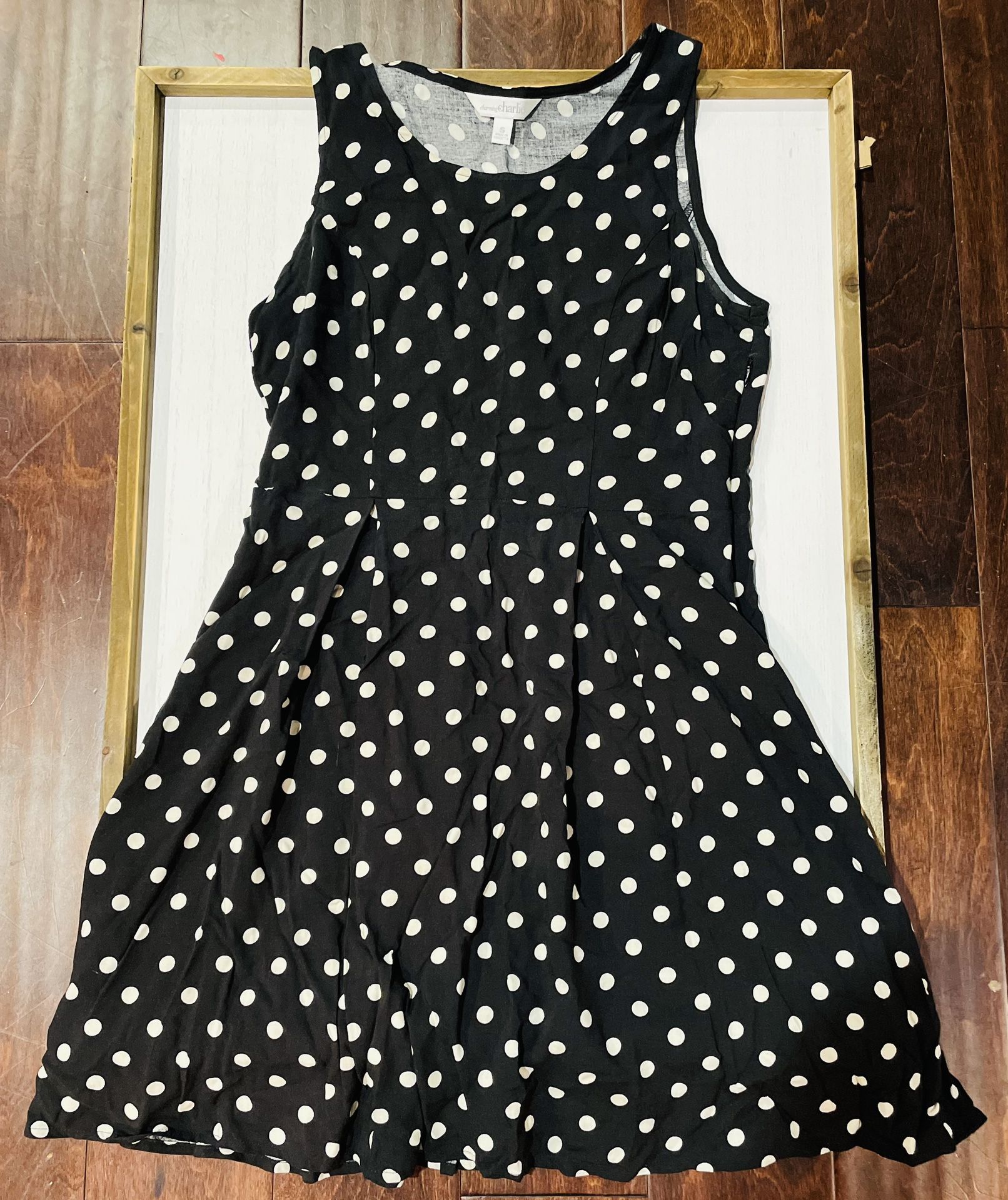 Charming Charlie Women’s Small Black & White Polka Dot Sleeveless Dress; 100% Rayon; Black Body with White Polka Dots; 29” in Height; Mid-Length