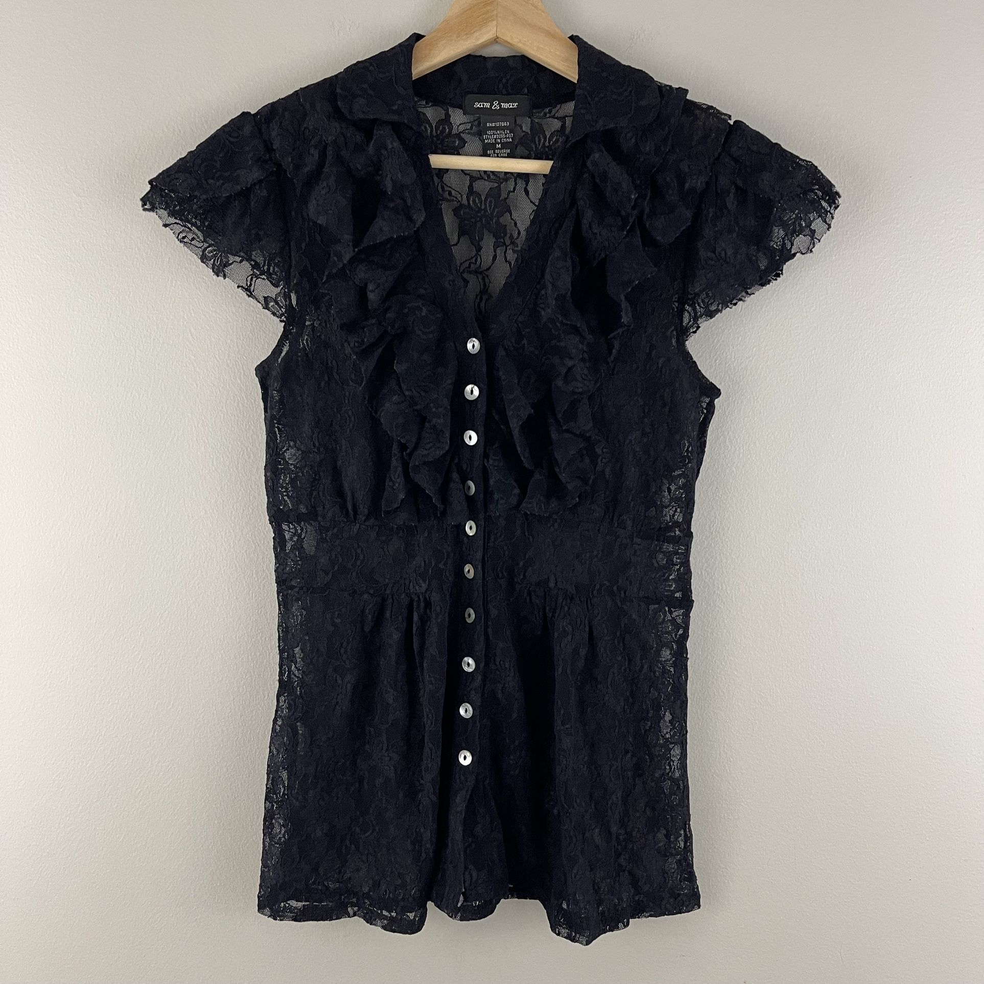 Vintage 90’s Black Dark Academia Gothic Lace Semi Sheer Short Sleeve Blouse Top