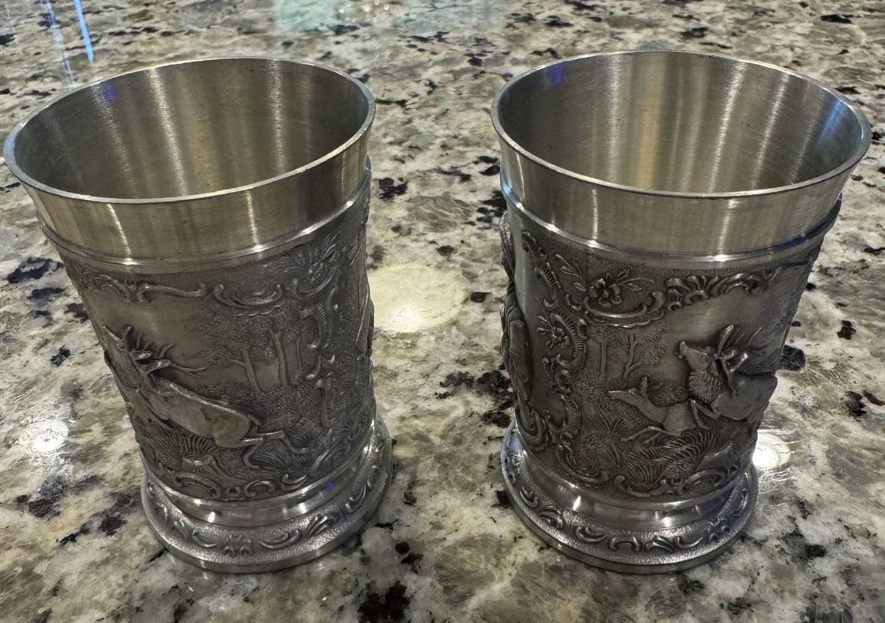 Vintage Frieling Zinn Shooter/Cups 95% Pewter. Embossed.