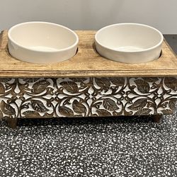Elegant Wood Elevated Pet Food Holder Carved Wood Instant Style Holds Two Bowls