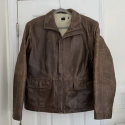 J Crew Leather Jacket Mens  Brown Sherpa Lined Full Zip Collared