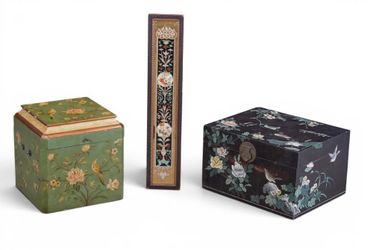 Asian Black Lacquered Trunk And A Chinoiserie Style Green Painted Trunk & Framed Eglomise Narrow Wall Art
