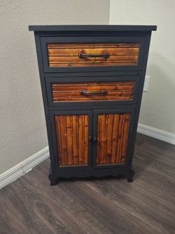 Vintage Burnt Bamboo and Rattan Accent Cabinet Mid- Century Modern Bohemian