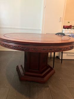 Vintage Carved Round Dining Table, Korean Red Birch, Pedestal Base