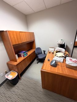 Desk with matching credenza and overhead hutch