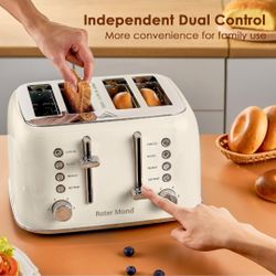 Roter Mond Toaster 4 Slice Retro Stainless Steel with Extra Wide Slots Bagel, Defrost, Reheat Function, Dual Independent Control Panel, Removable Crum