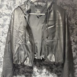 ALO Faux Leather Bomber Black Jacket Full Zip Size XS (retail $298)  The ALO Faux Leather Bomber Black Jacket in size XS is a stylish and versatile ad