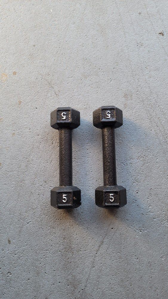 Barbell 5lb Cast Iron Hex Dumbbell Pair.