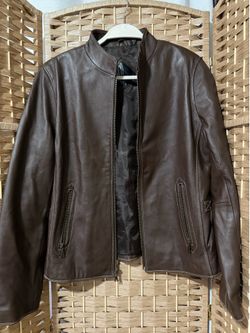Brown Leather Women's Jacket with Buckle Accents, Zip Closure, Lined, Short