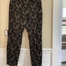 Ann Taylor Womens Floral Print Black Tan Pants Straight Leg Side Zip Size 10