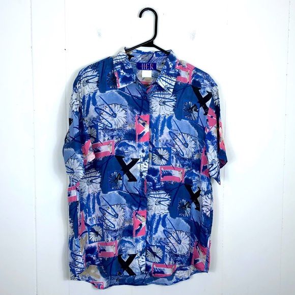 Vintage Silk Daisy Print Button Down Sz M